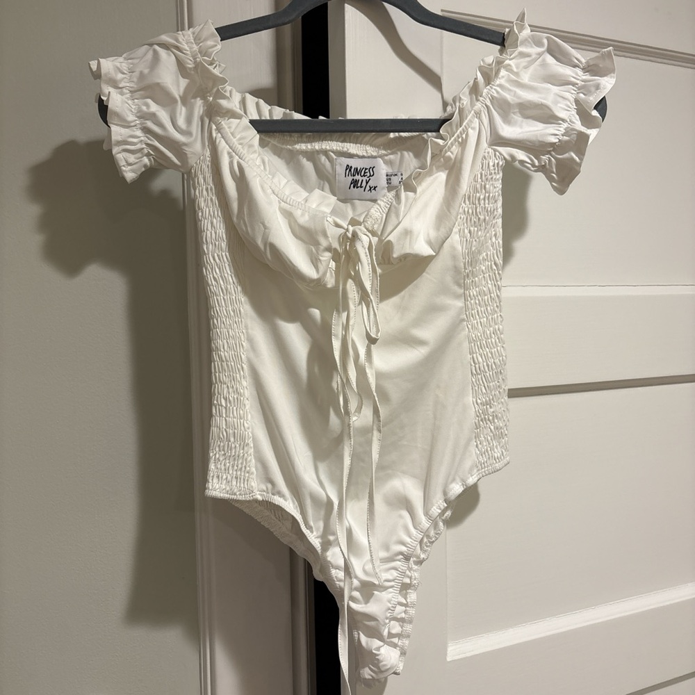 Princess Polly White Flutter Sleeve Bodysuit with Tie Front
